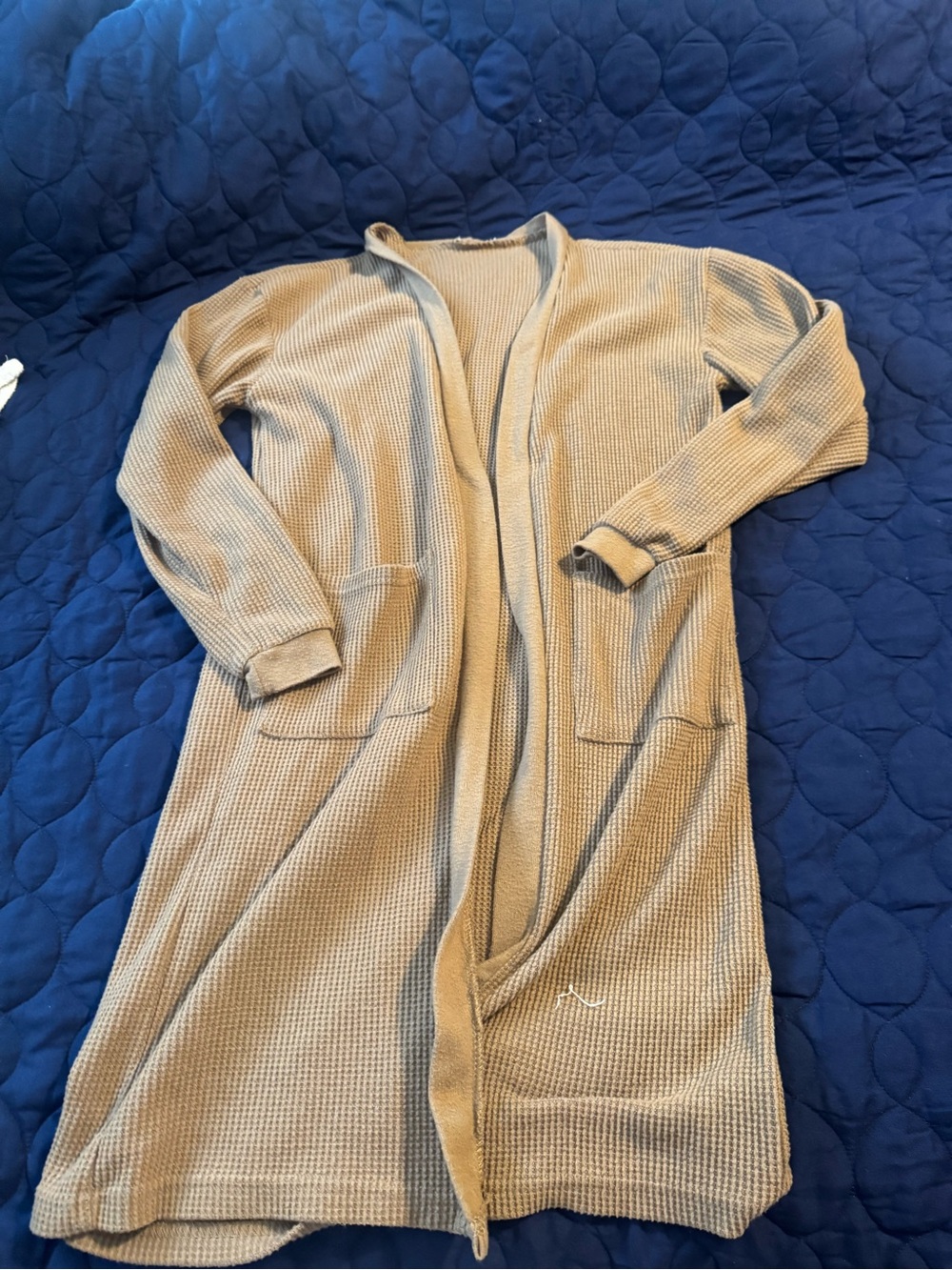 Altar'd State Long Tan Waffle Knit Open Cardigan
